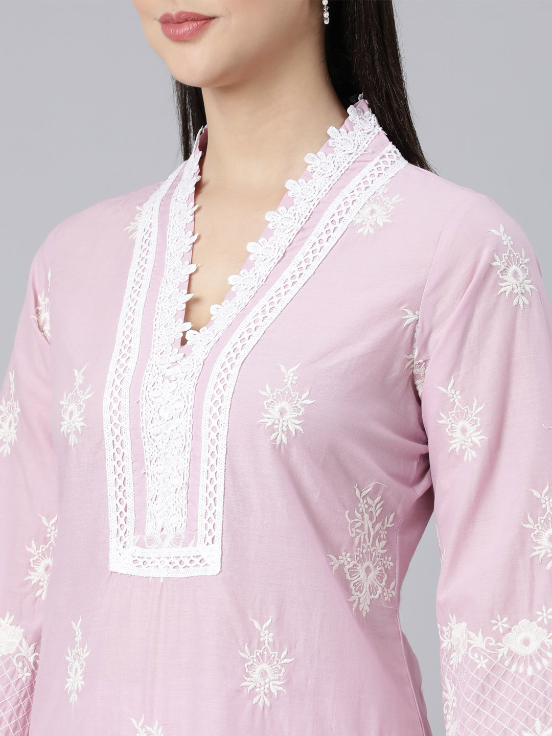 Neerus Pink Panelled Straight Yoke Design Kurta And Trousers With Dupatta