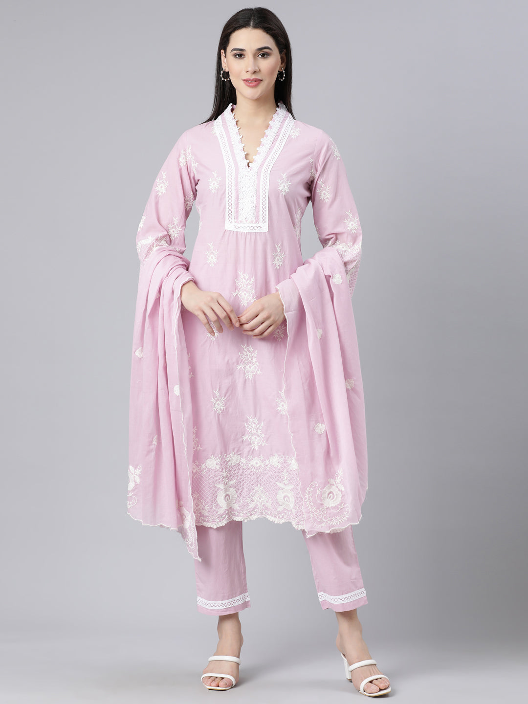 Neerus Pink Panelled Straight Yoke Design Kurta And Trousers With Dupatta