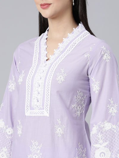 Neerus Lavender Panelled Straight Yoke Design Kurta And Trousers With Dupatta