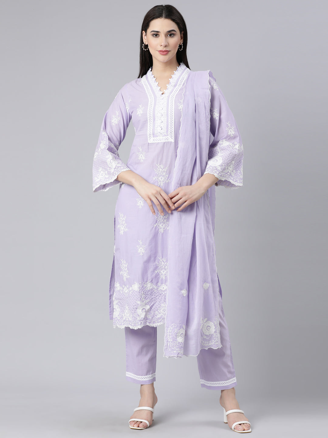 Neerus Lavender Panelled Straight Yoke Design Kurta And Trousers With Dupatta