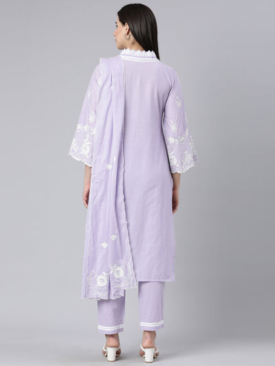 Neerus Lavender Panelled Straight Yoke Design Kurta And Trousers With Dupatta