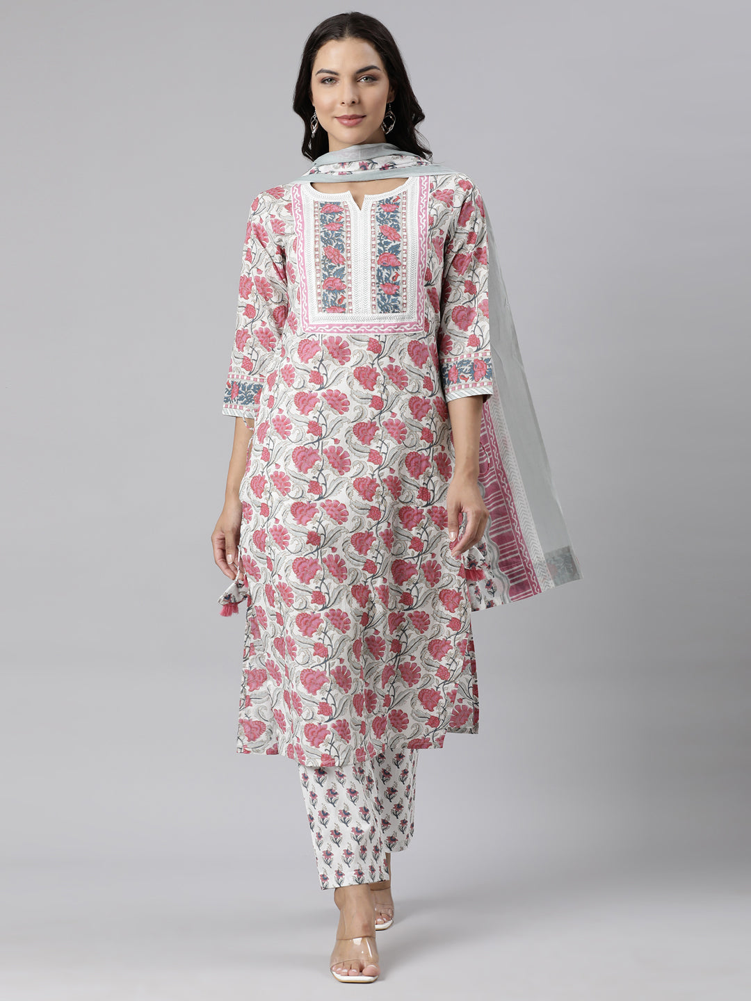 Neerus Pink Panelled Straight Printed Kurta And Trousers With Dupatta