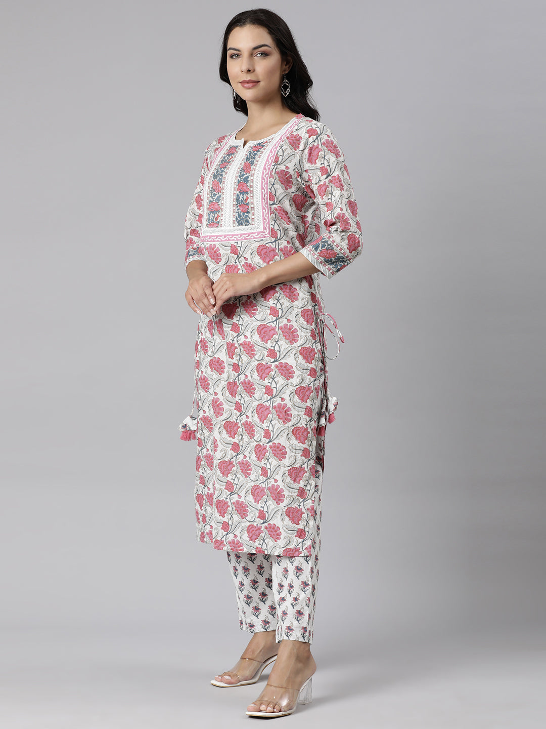 Neerus Pink Panelled Straight Printed Kurta And Trousers With Dupatta