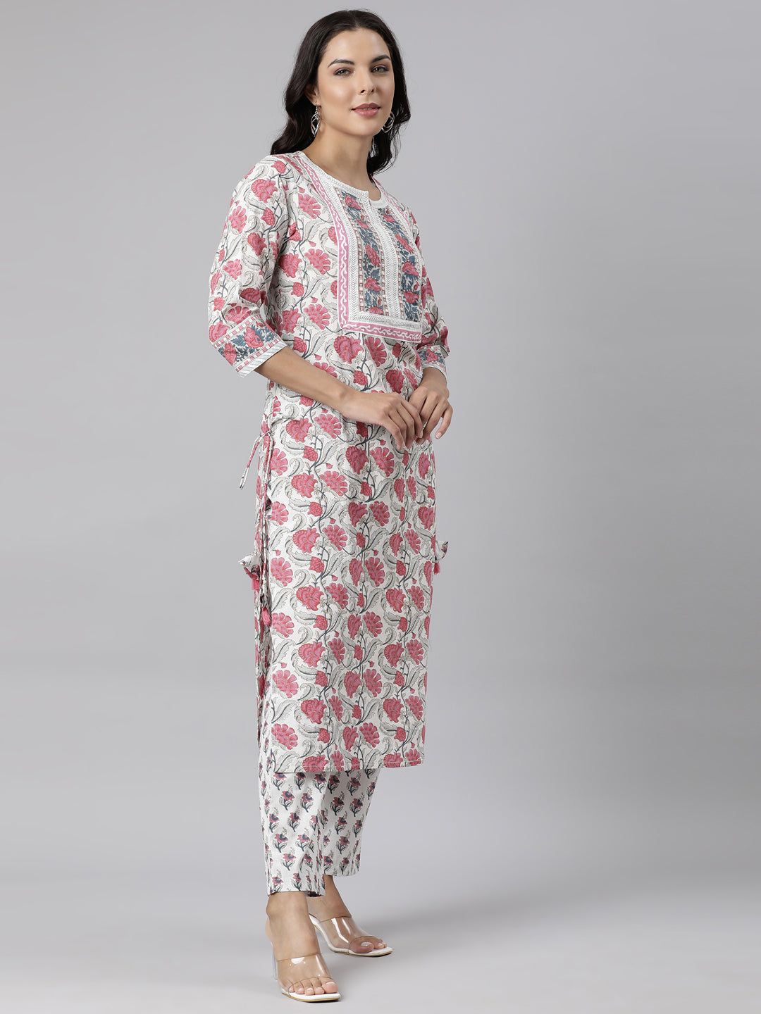 Neerus Pink Panelled Straight Printed Kurta And Trousers With Dupatta