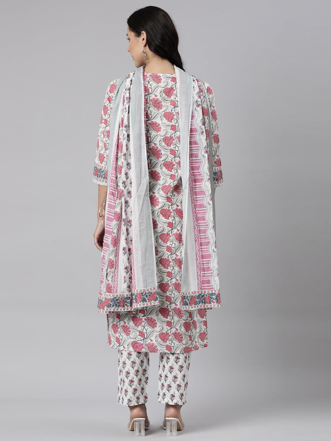 Neerus Pink Panelled Straight Printed Kurta And Trousers With Dupatta