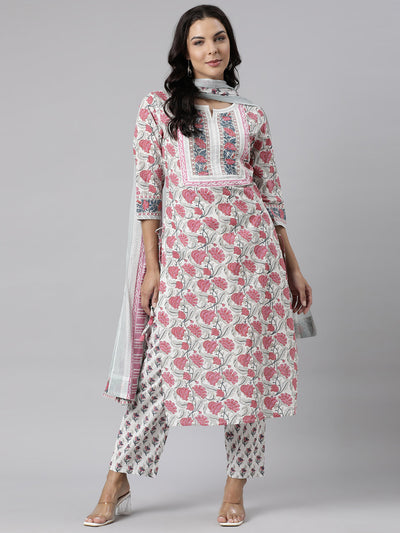 Neerus Pink Panelled Straight Printed Kurta And Trousers With Dupatta