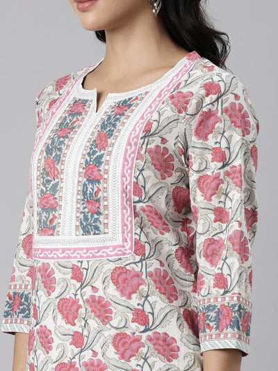 Neerus Pink Panelled Straight Printed Kurta And Trousers With Dupatta