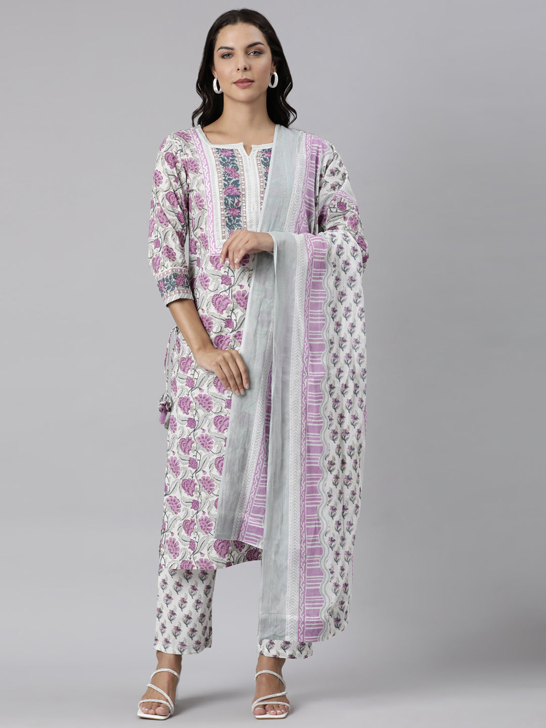 Neerus Purple Panelled Straight Printed Kurta And Trousers With Dupatta