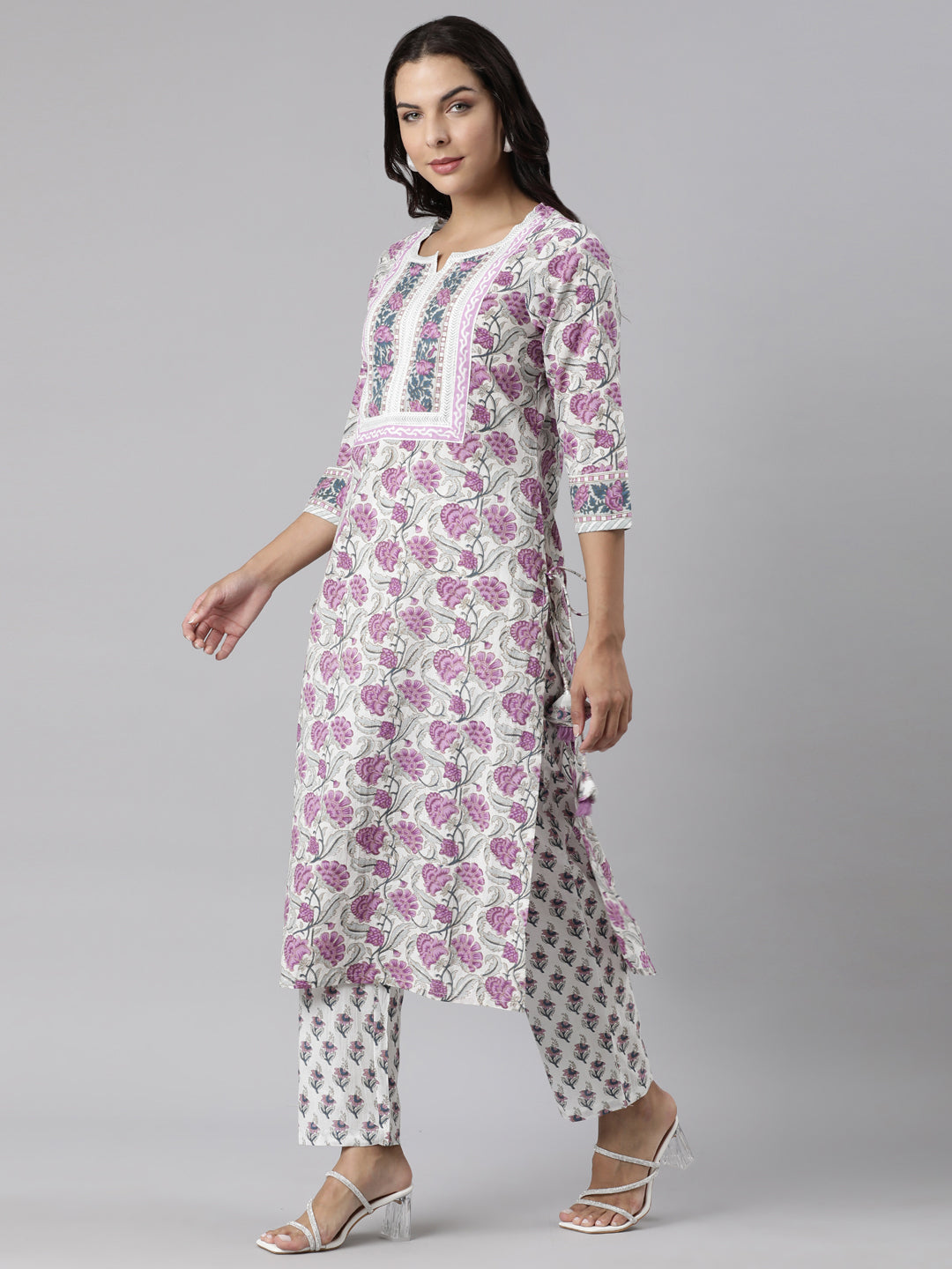 Neerus Purple Panelled Straight Printed Kurta And Trousers With Dupatta