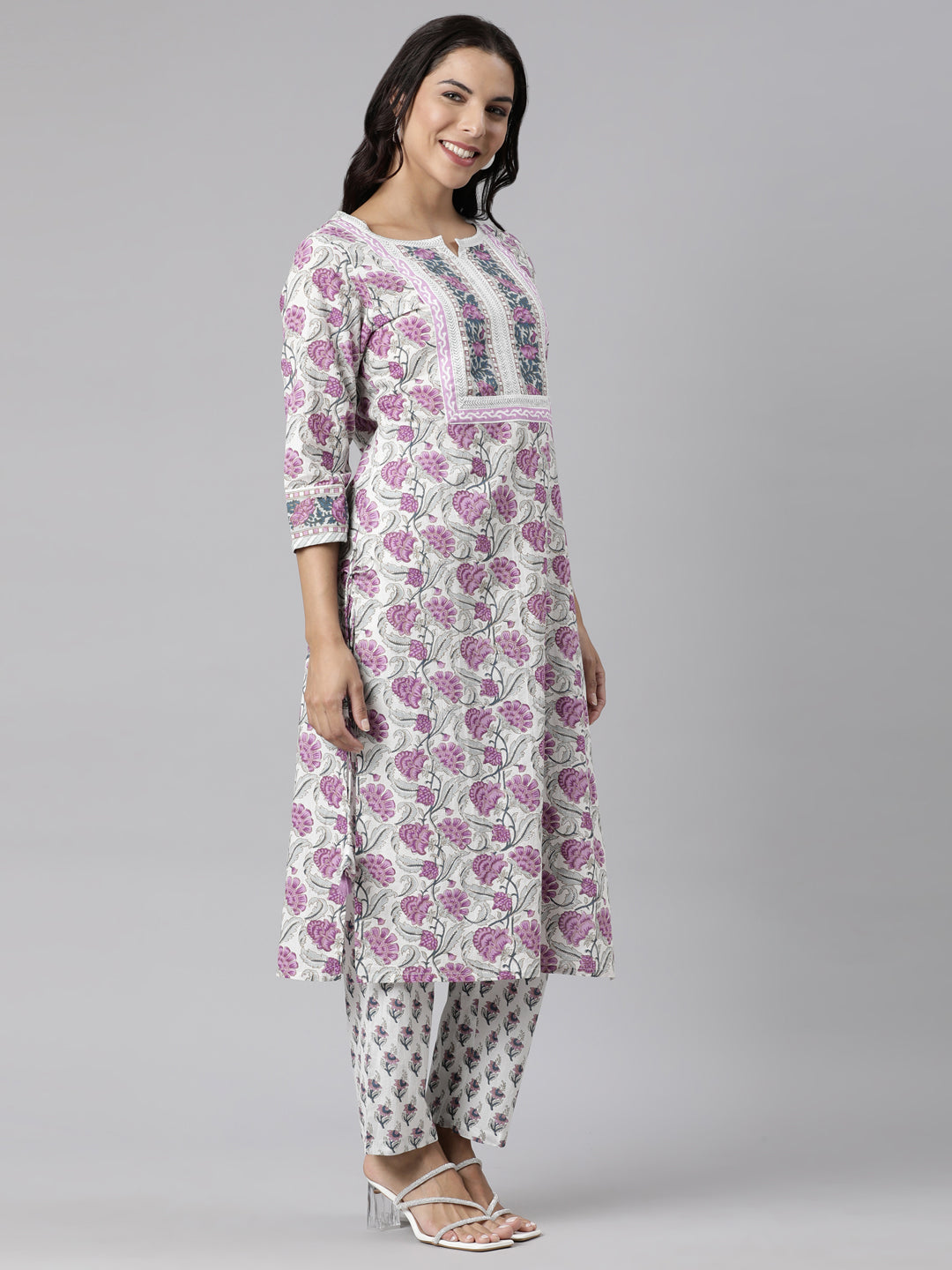 Neerus Purple Panelled Straight Printed Kurta And Trousers With Dupatta