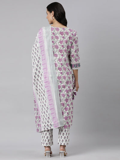 Neerus Purple Panelled Straight Printed Kurta And Trousers With Dupatta