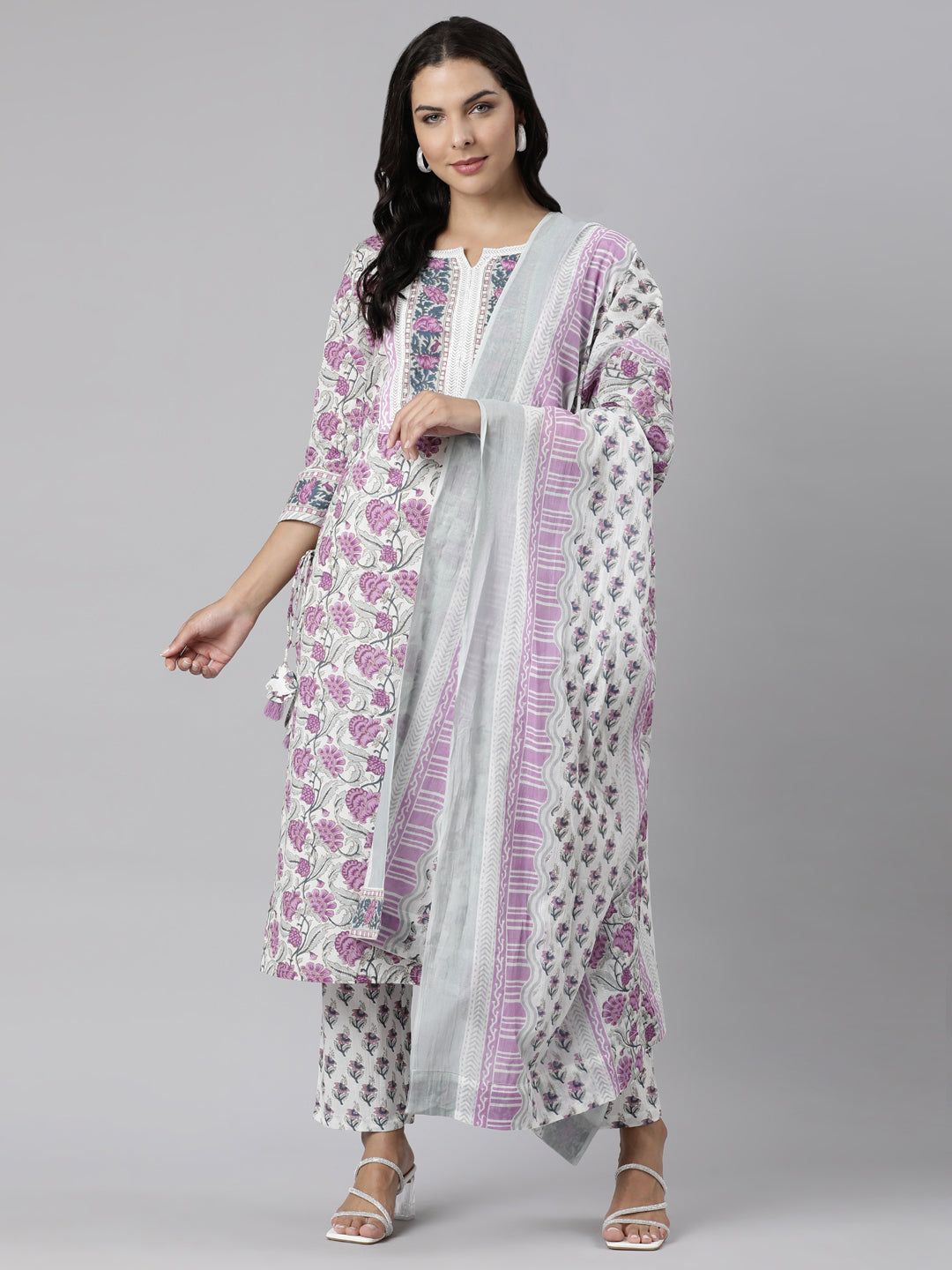 Neerus Purple Panelled Straight Printed Kurta And Trousers With Dupatta