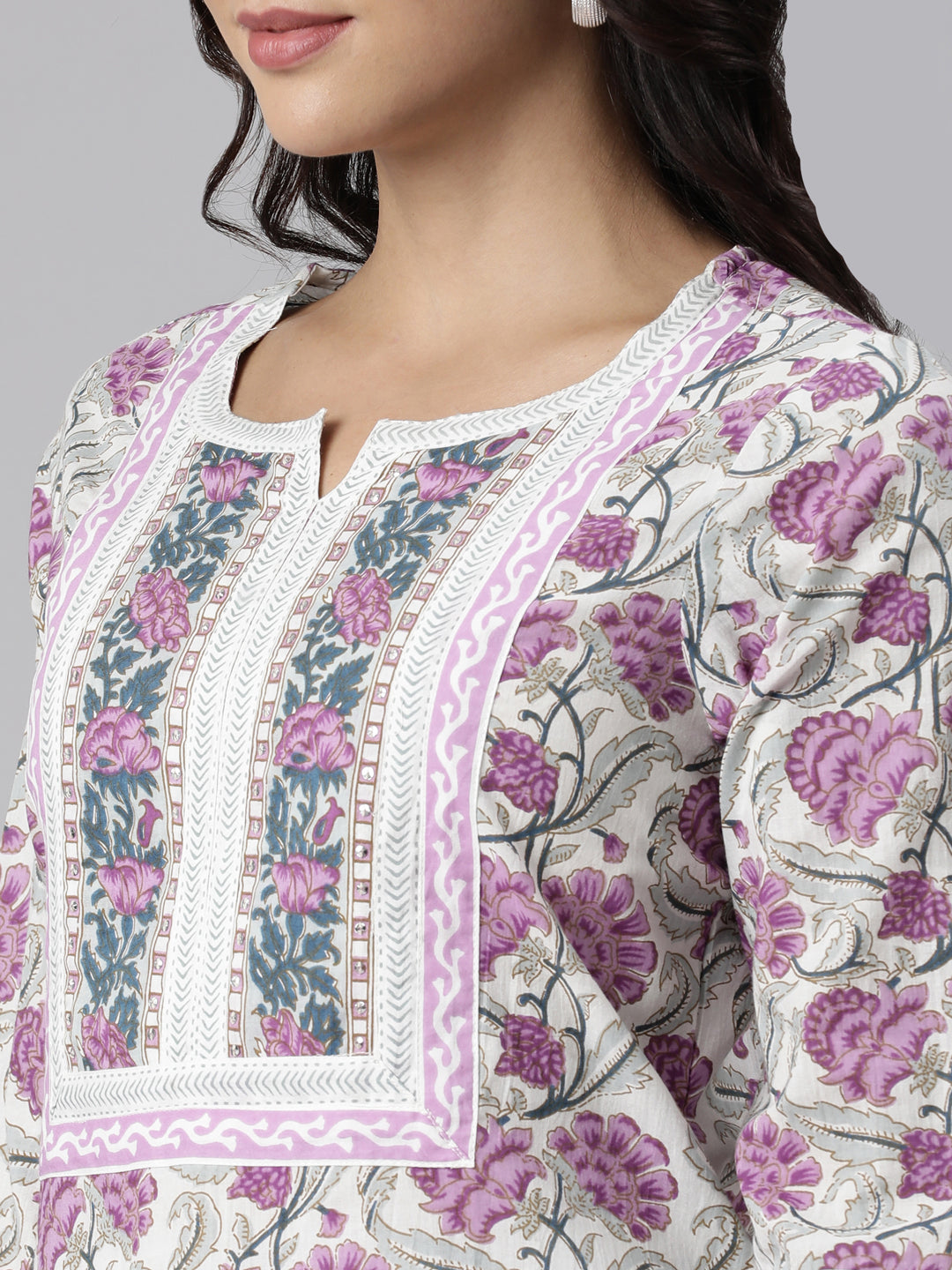 Neerus Purple Panelled Straight Printed Kurta And Trousers With Dupatta