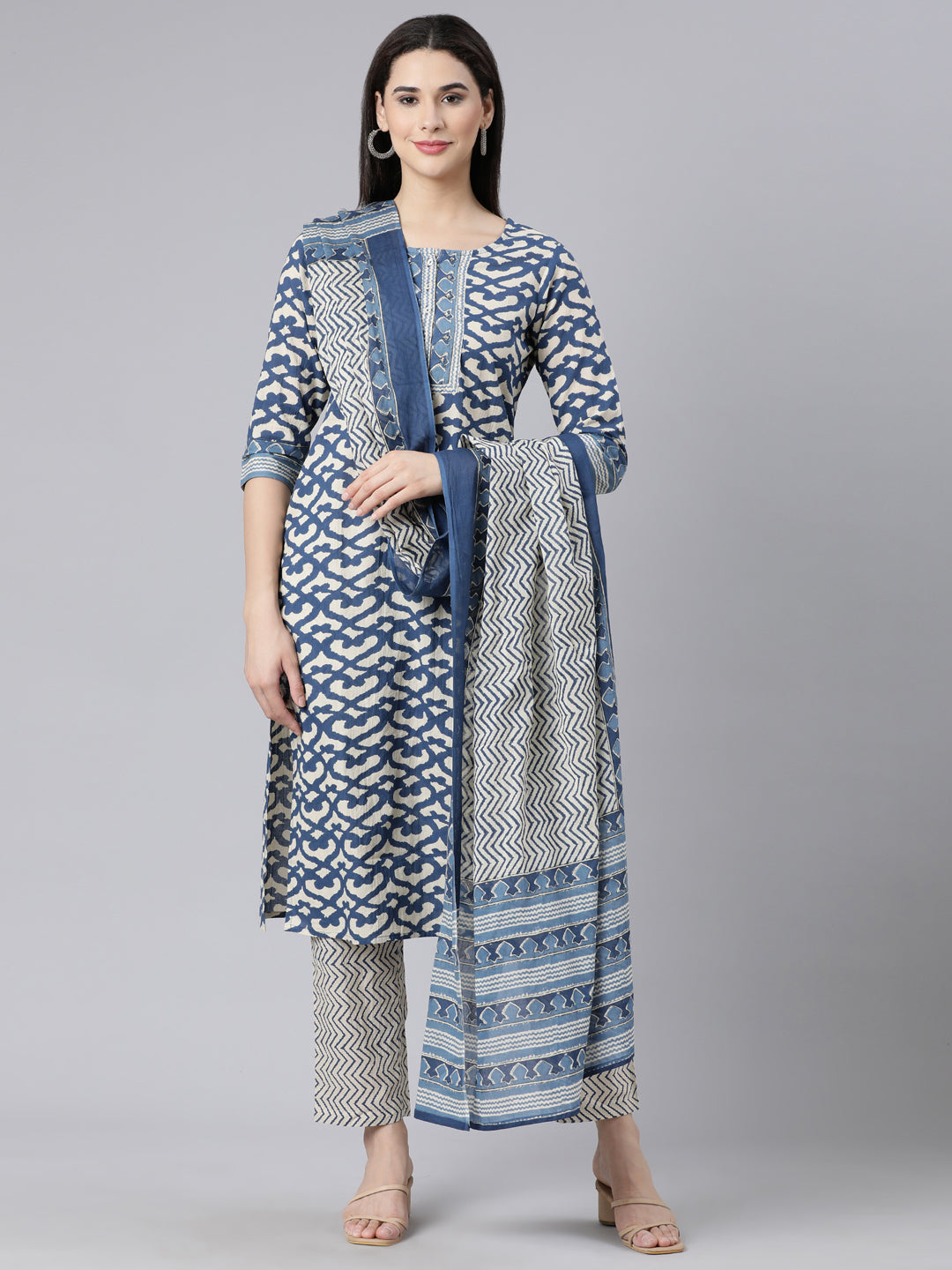 Neerus Blue Panelled Straight Printed Kurta And Trousers With Dupatta