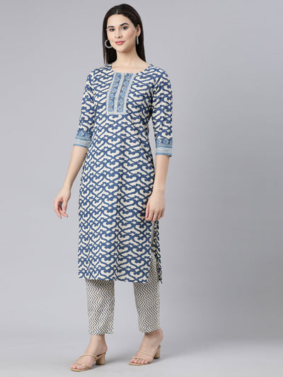 Neerus Blue Panelled Straight Printed Kurta And Trousers With Dupatta