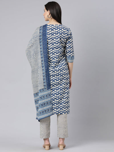 Neerus Blue Panelled Straight Printed Kurta And Trousers With Dupatta