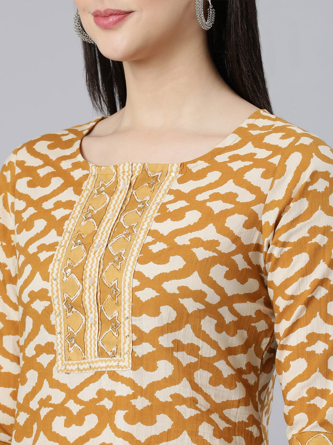 Neerus Yellow Panelled Straight Printed Kurta And Trousers With Dupatta