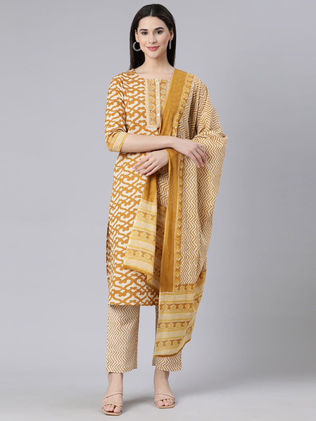 Neerus Yellow Panelled Straight Printed Kurta And Trousers With Dupatta