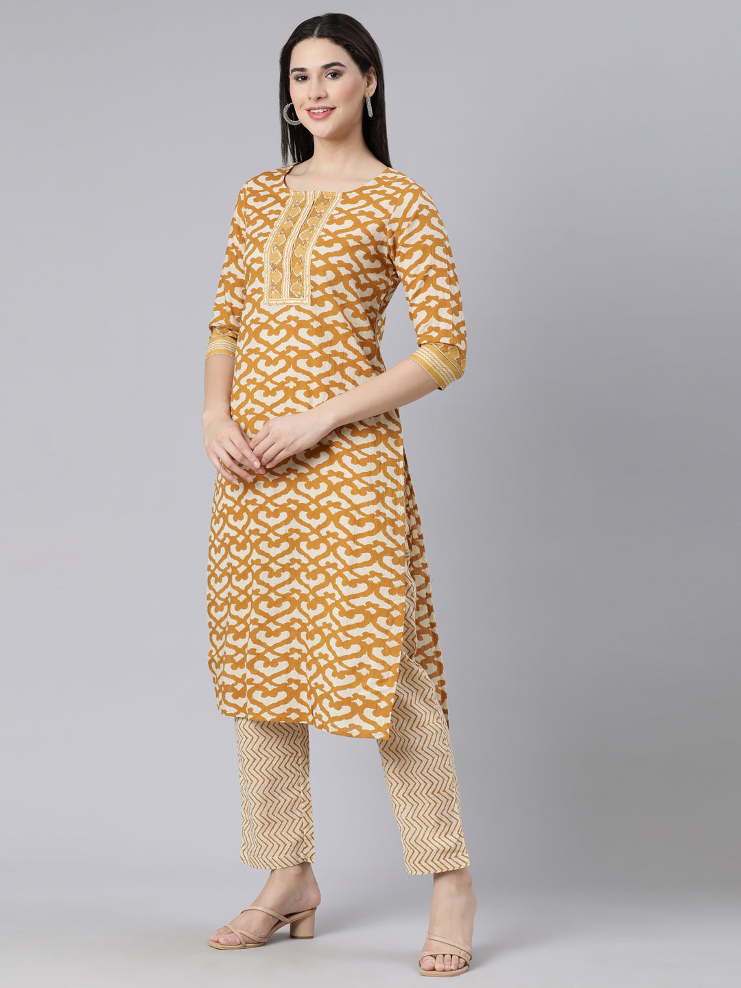 Neerus Yellow Panelled Straight Printed Kurta And Trousers With Dupatta