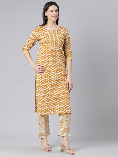 Neerus Yellow Panelled Straight Printed Kurta And Trousers With Dupatta