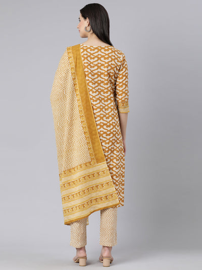 Neerus Yellow Panelled Straight Printed Kurta And Trousers With Dupatta