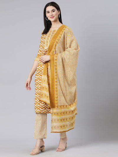 Neerus Yellow Panelled Straight Printed Kurta And Trousers With Dupatta