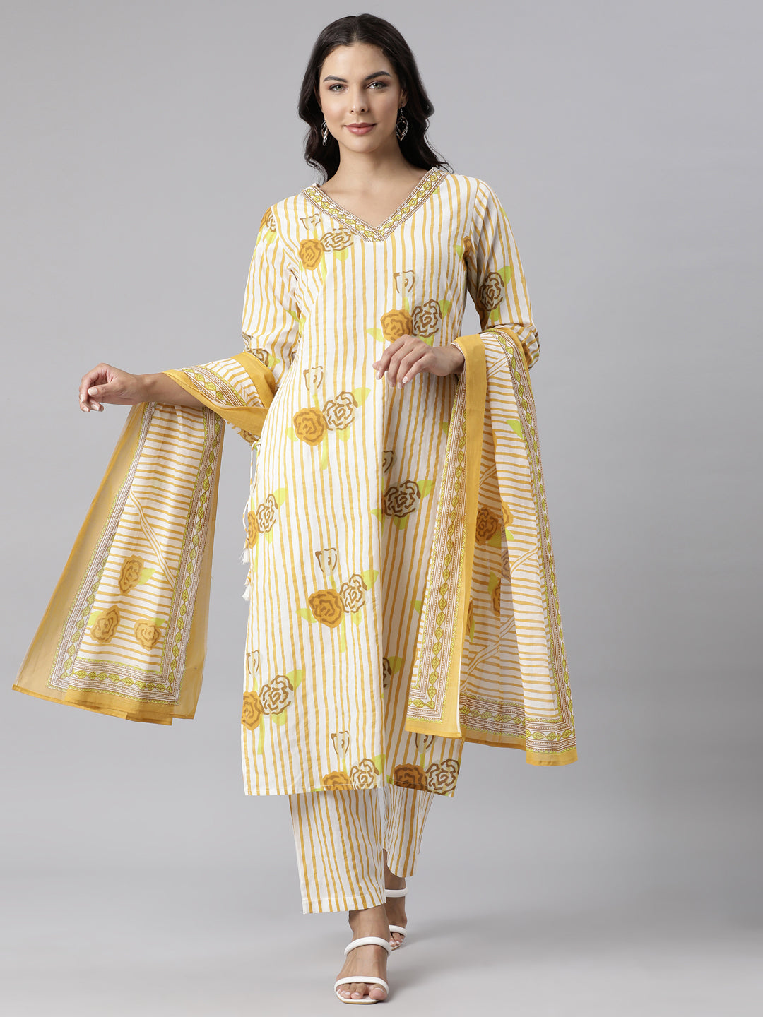 Neerus Yellow Panelled Straight Printed Kurta And Trousers With Dupatta