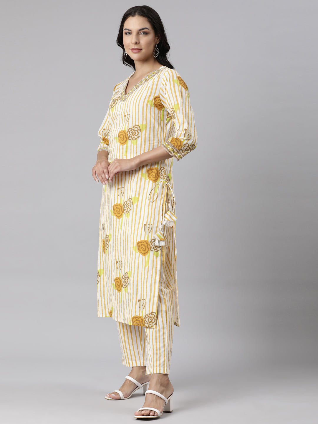 Neerus Yellow Panelled Straight Printed Kurta And Trousers With Dupatta