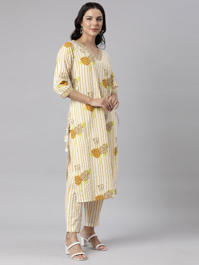 Neerus Yellow Panelled Straight Printed Kurta And Trousers With Dupatta