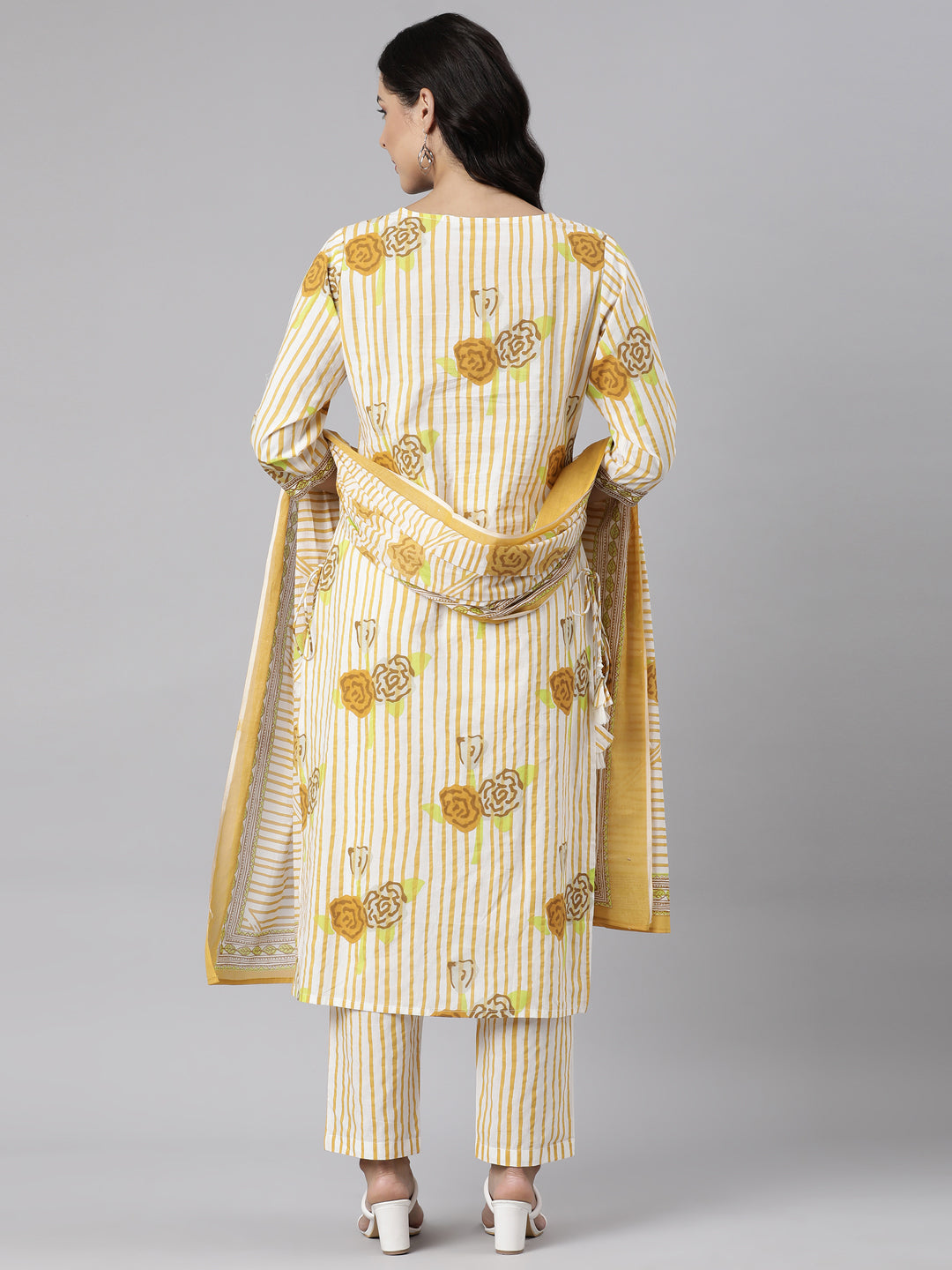 Neerus Yellow Panelled Straight Printed Kurta And Trousers With Dupatta