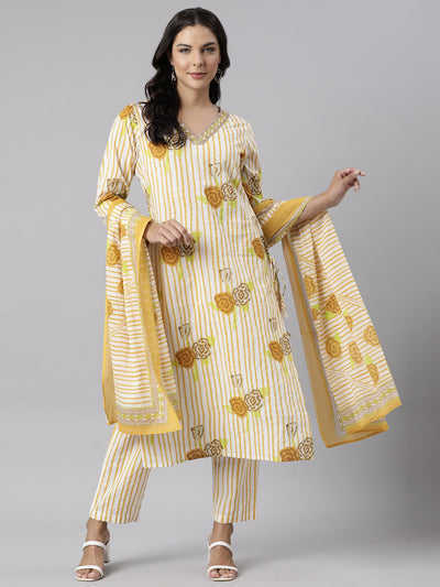 Neerus Yellow Panelled Straight Printed Kurta And Trousers With Dupatta