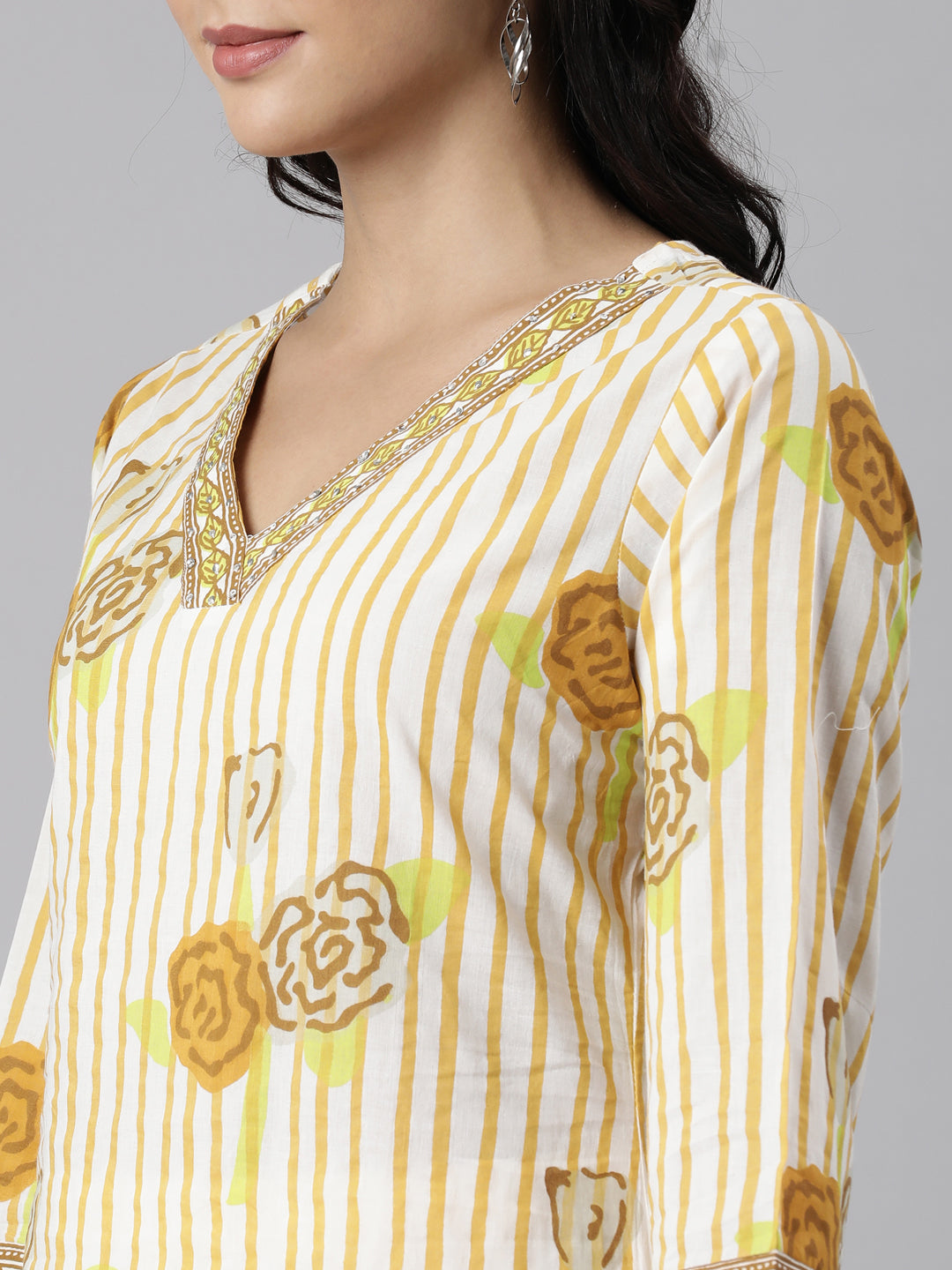 Neerus Yellow Panelled Straight Printed Kurta And Trousers With Dupatta