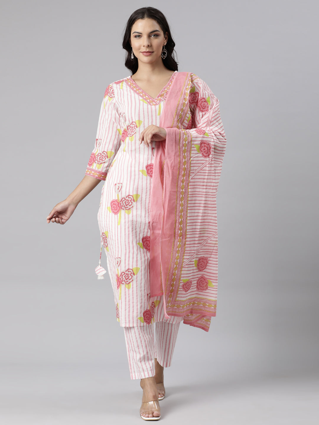 Neerus Pink Panelled Straight Printed Kurta And Trousers With Dupatta