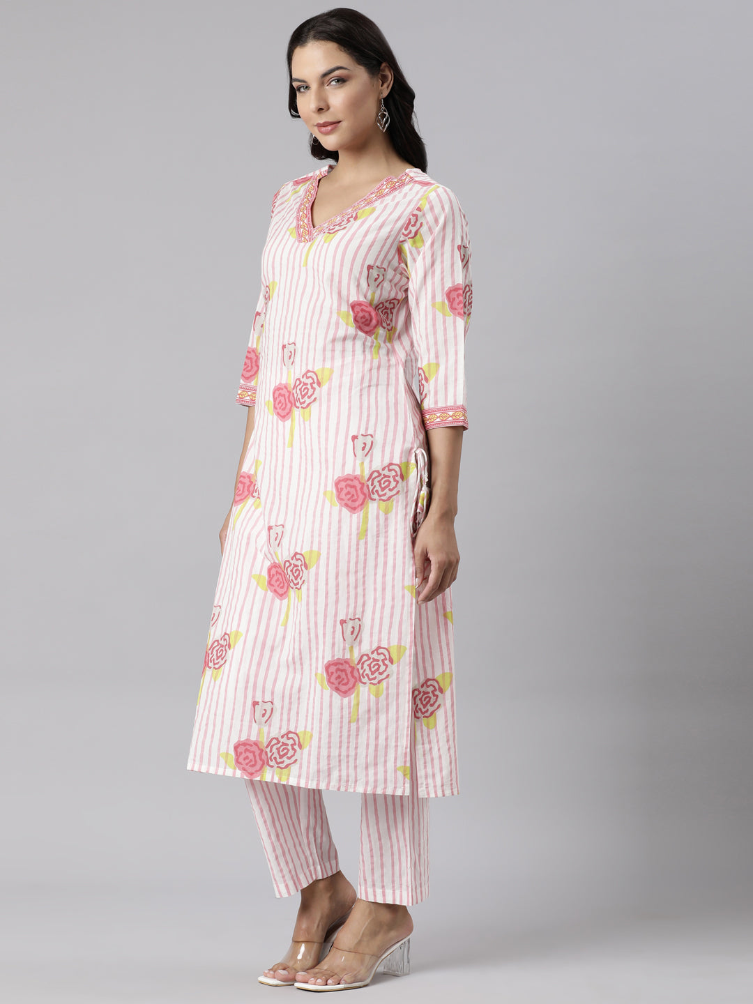 Neerus Pink Panelled Straight Printed Kurta And Trousers With Dupatta