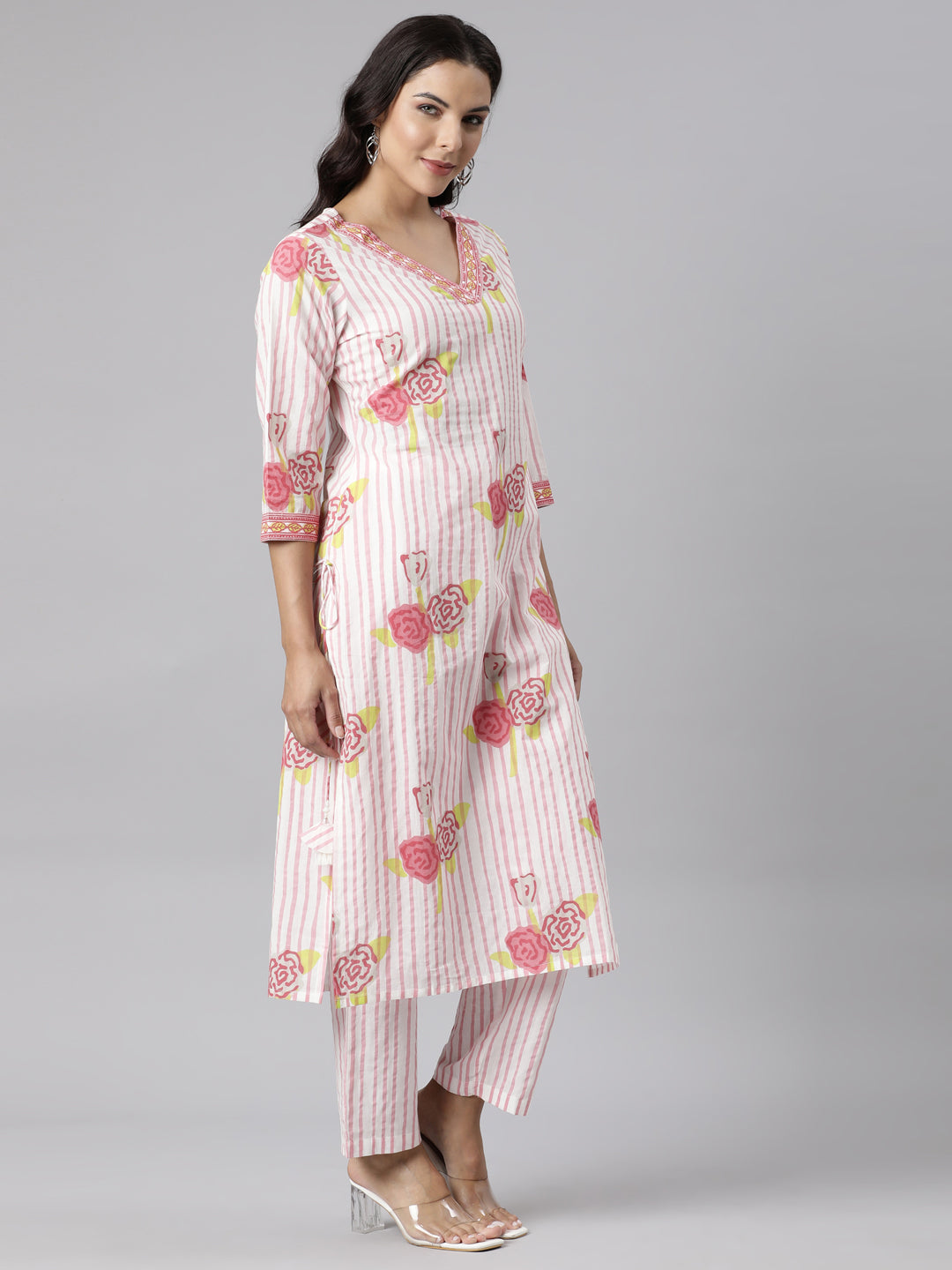 Neerus Pink Panelled Straight Printed Kurta And Trousers With Dupatta