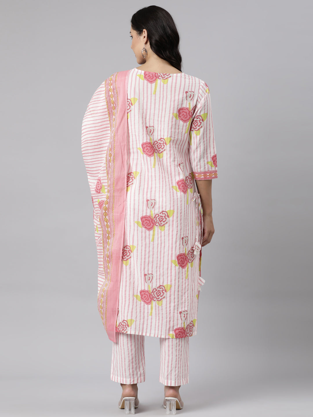 Neerus Pink Panelled Straight Printed Kurta And Trousers With Dupatta