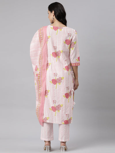 Neerus Pink Panelled Straight Printed Kurta And Trousers With Dupatta