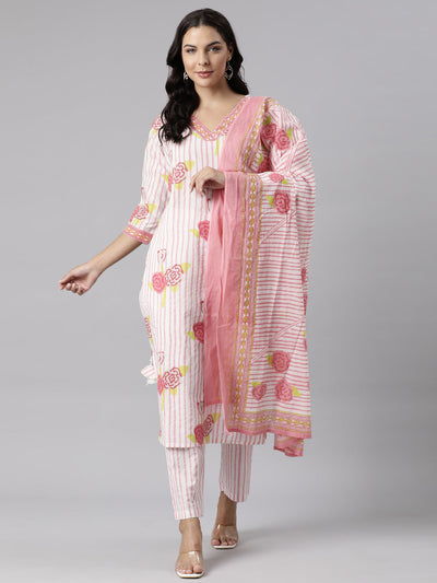 Neerus Pink Panelled Straight Printed Kurta And Trousers With Dupatta