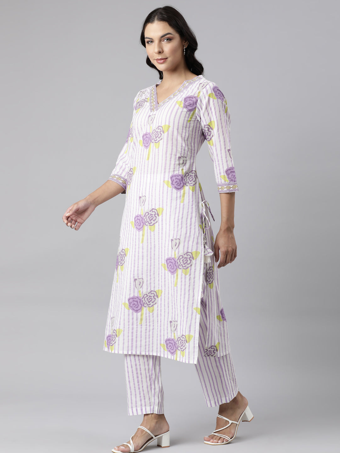 Neerus Purple Panelled Straight Printed Kurta And Trousers With Dupatta