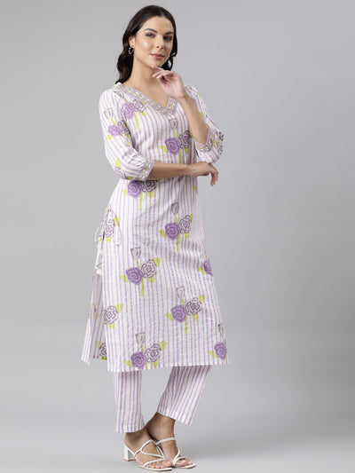 Neerus Purple Panelled Straight Printed Kurta And Trousers With Dupatta