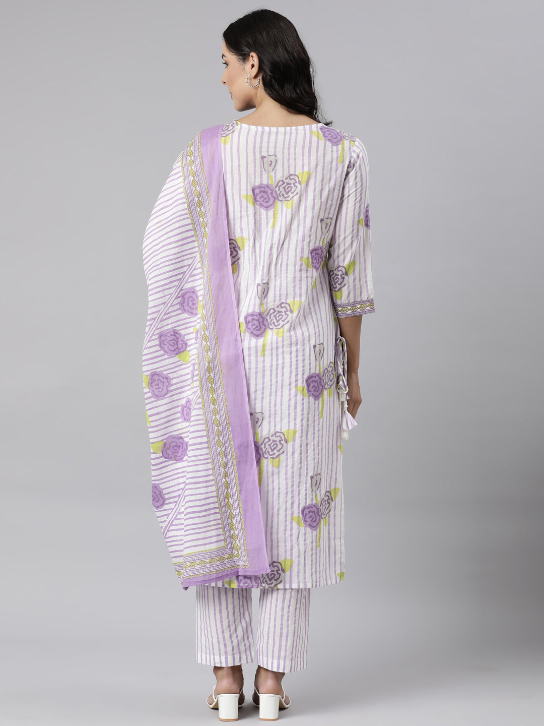 Neerus Purple Panelled Straight Printed Kurta And Trousers With Dupatta