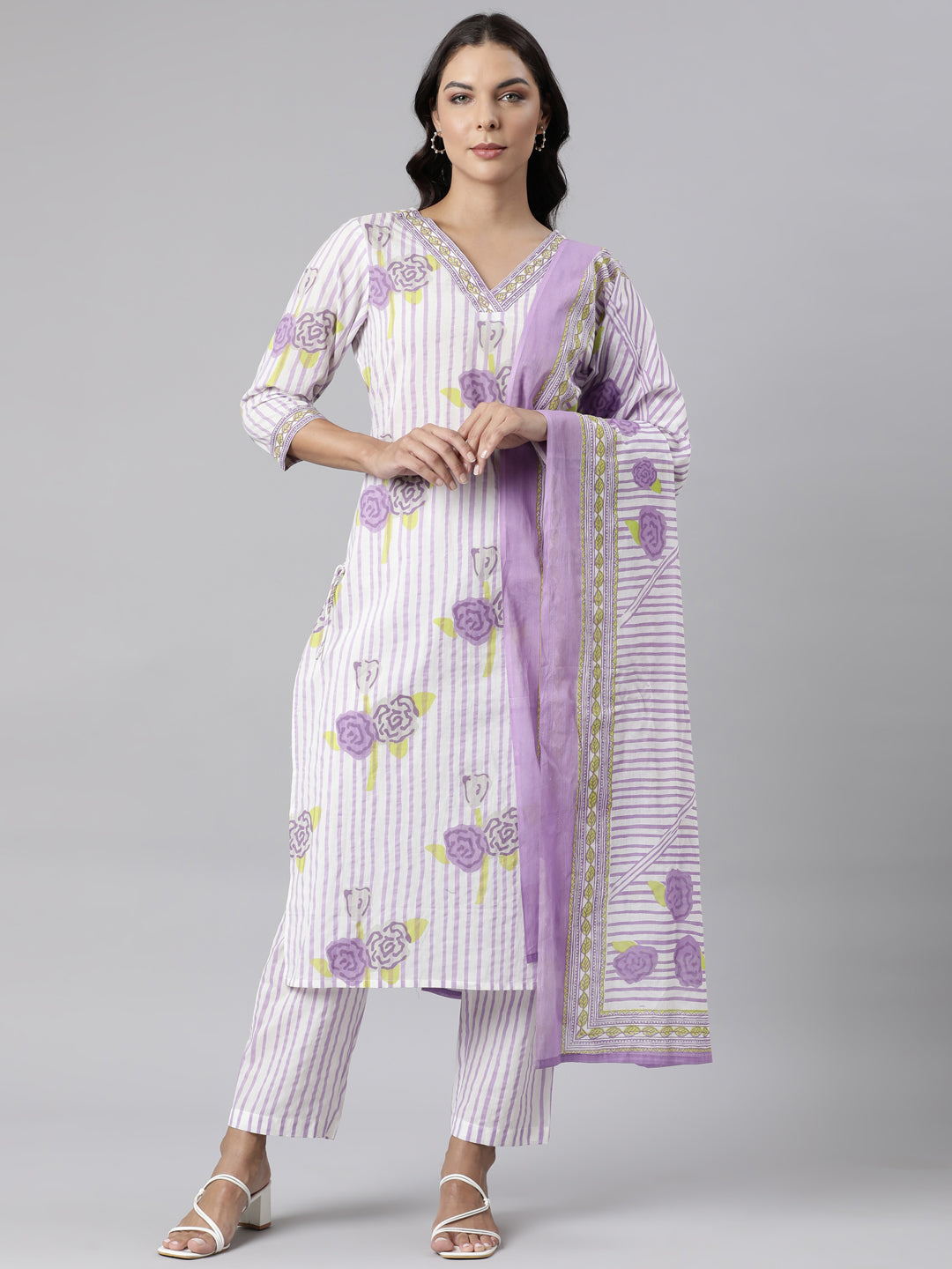 Neerus Purple Panelled Straight Printed Kurta And Trousers With Dupatta