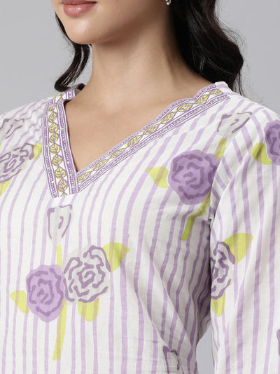 Neerus Purple Panelled Straight Printed Kurta And Trousers With Dupatta