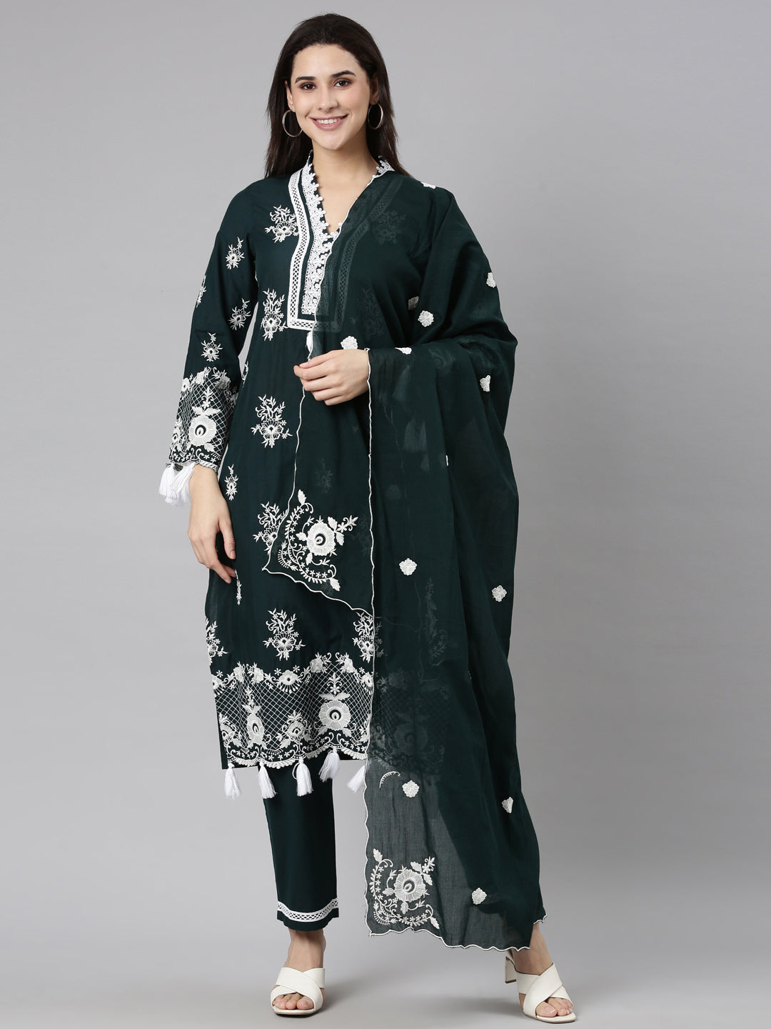 Neerus Green Regular Straight Floral Kurta And  Trousers With Dupatta