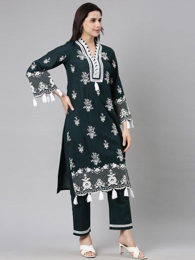 Neerus Green Regular Straight Floral Kurta And  Trousers With Dupatta