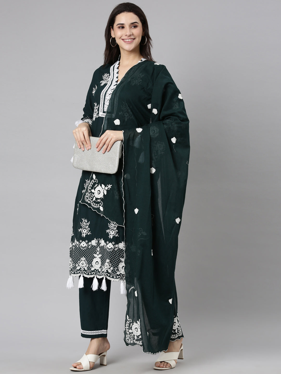 Neerus Green Regular Straight Floral Kurta And  Trousers With Dupatta