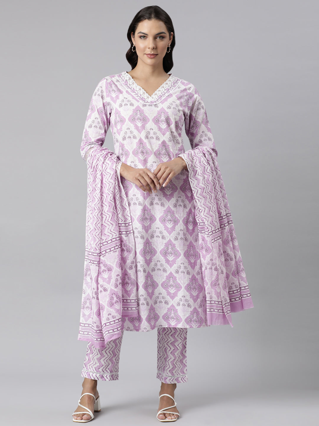 Neerus Lavender Panelled Straight Printed Kurta And Trousers With Dupatta