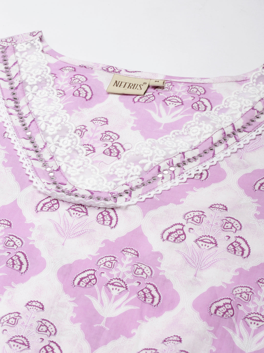 Neerus Lavender Panelled Straight Printed Kurta And Trousers With Dupatta