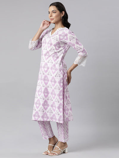 Neerus Lavender Panelled Straight Printed Kurta And Trousers With Dupatta