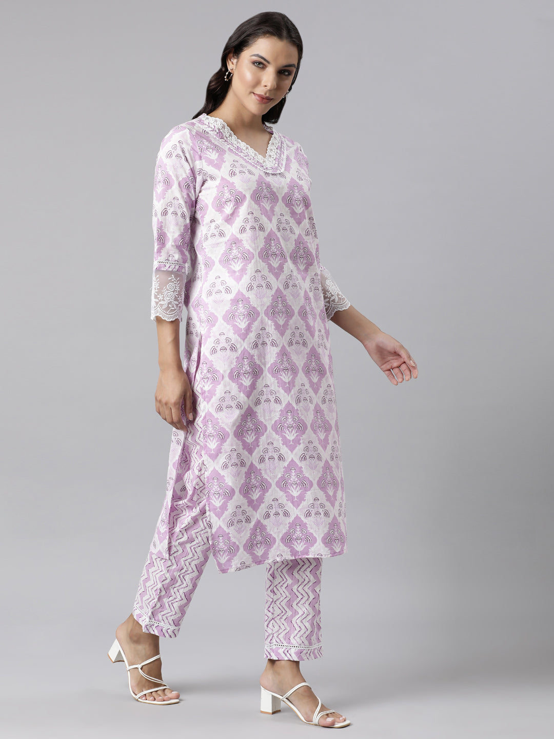 Neerus Lavender Panelled Straight Printed Kurta And Trousers With Dupatta